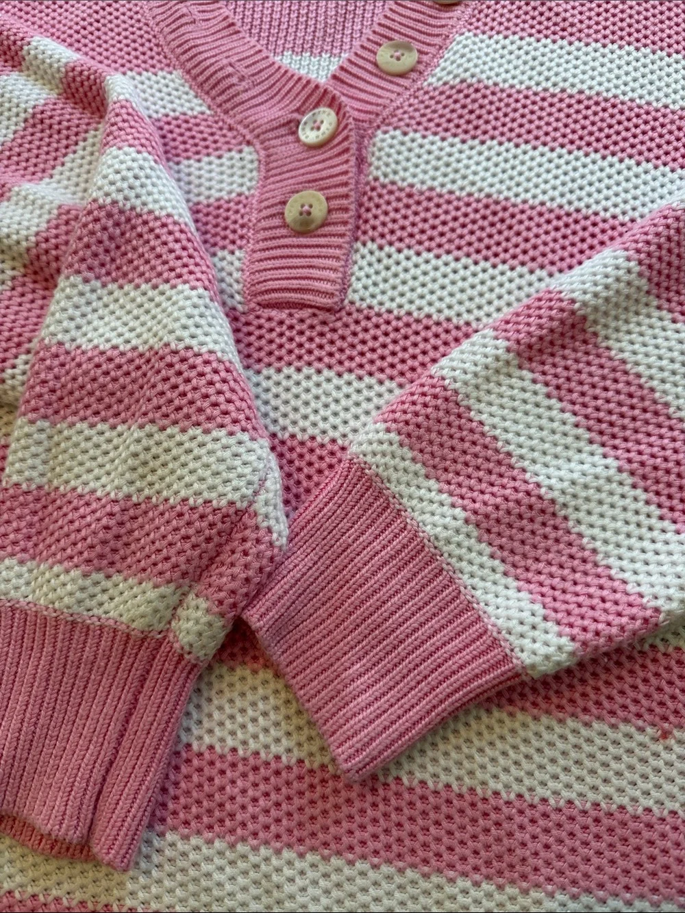 PINK Victoria's Secret Pink & White Striped V-Neck Button Sweater